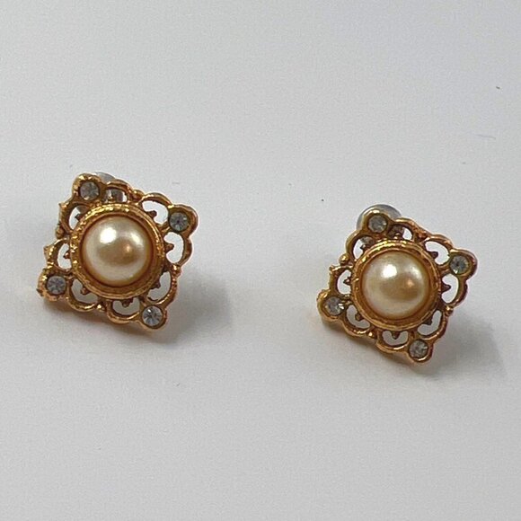 Earring Gold Pearl Square Pierced Women Jewelry Post - Picture 1 of 2